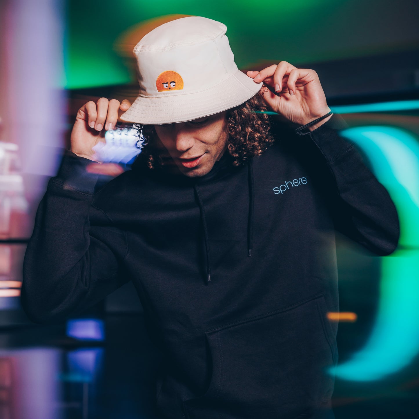 Sphere Orbi Sneak Peek Bucket Hat X - Ecru - Front View On Model